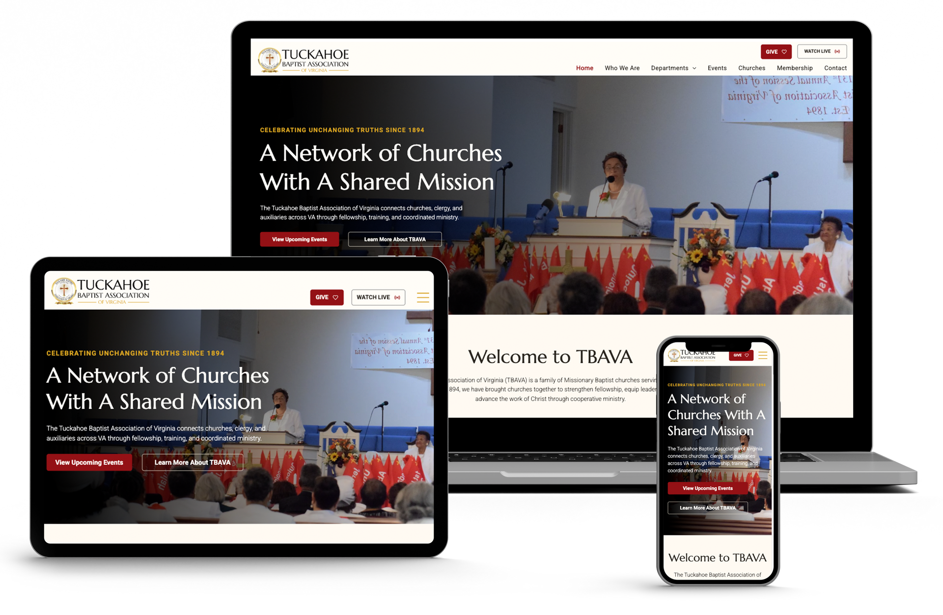 Website displayed on laptop, tablet, and phone showcasing a woman in grey jacket,