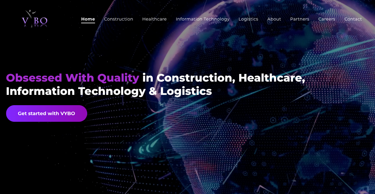VYBO website homepage featuring a digital globe and bold purple typography