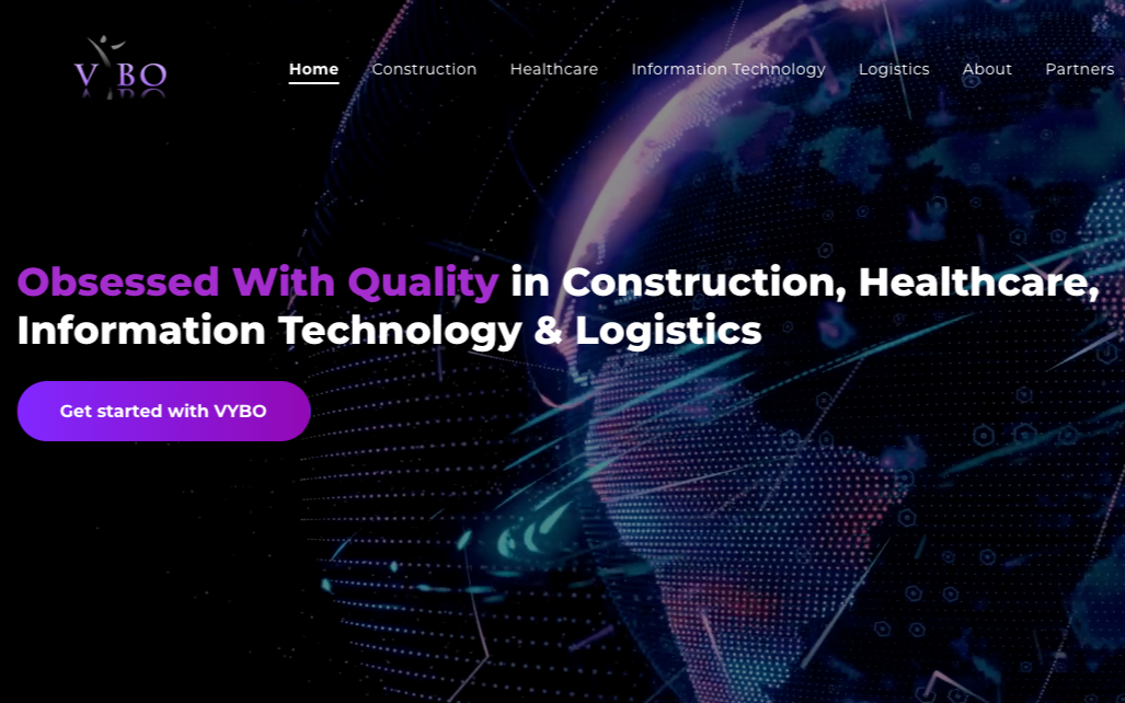 VYBO website homepage featuring a digital globe and bold purple typography