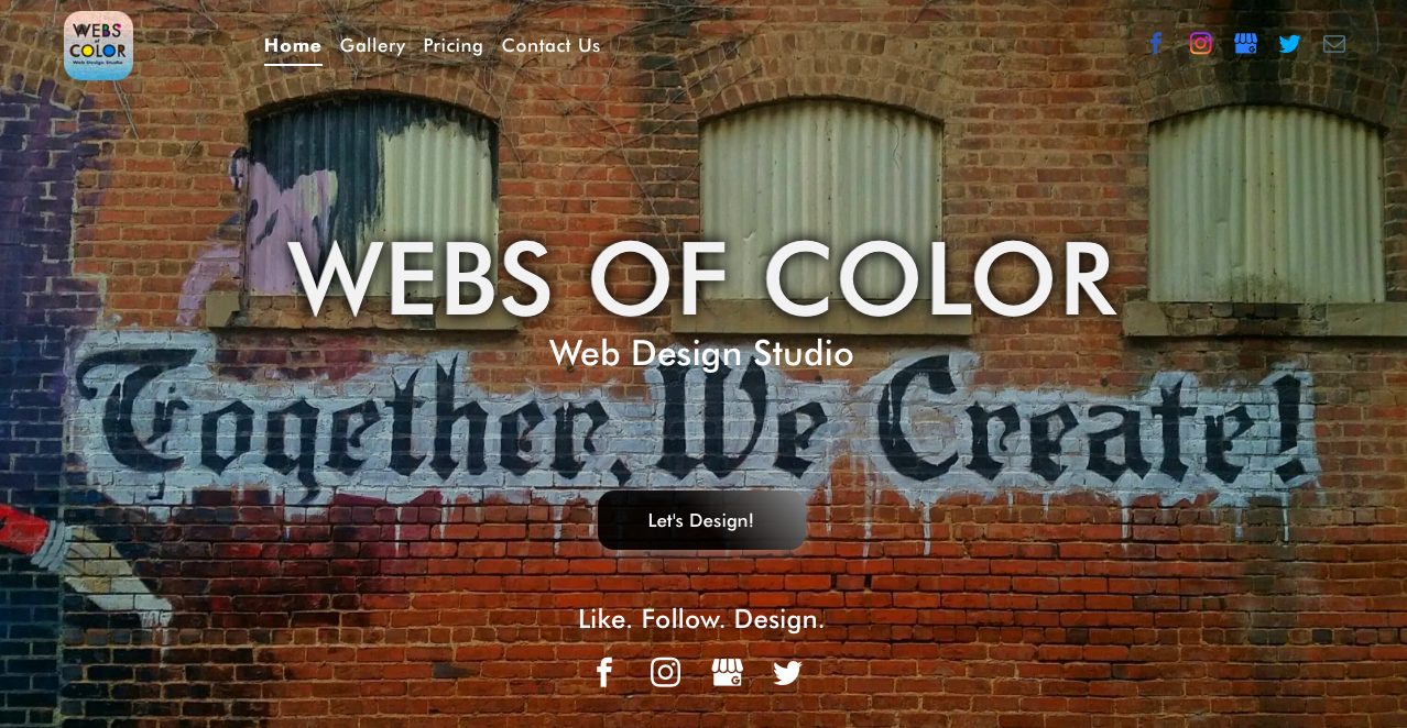 Original Webs of Color website homepage featuring a brick wall background and the tagline “Together We Create.”