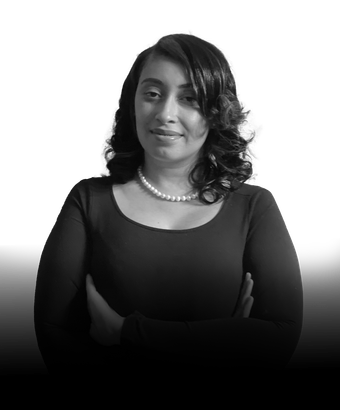 Black-and-white portrait of Lisa Callis, Project Manager at Webs of Color