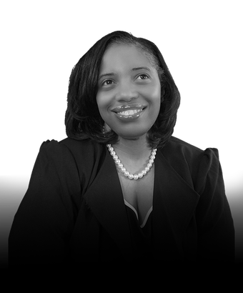 Black-and-white portrait of Niki Wright, Chief Financial Officer of Webs of Color