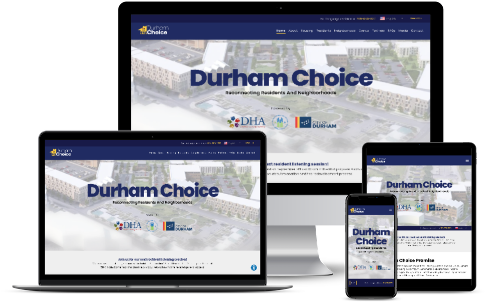 Website displayed on laptop, tablet, and phone showcasing a woman in grey jacket,
