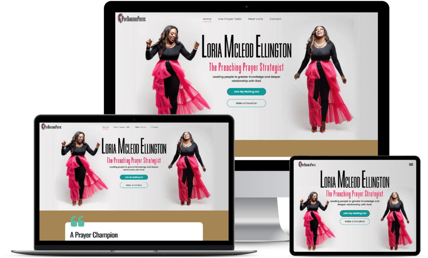Website displayed on laptop, tablet, and phone showcasing a woman in grey jacket,
