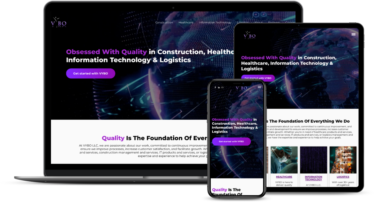 Responsive design mockup of a company website featuring a globe background on laptop, tablet, and smartphone screens.