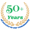 A logo that says 50+ years of service to our community