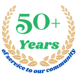 A logo that says 50+ years of service to our community