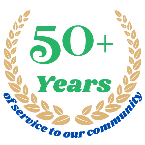 A logo that says 50+ years of service to our community