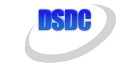 A blue and white logo for dsdc on a white background