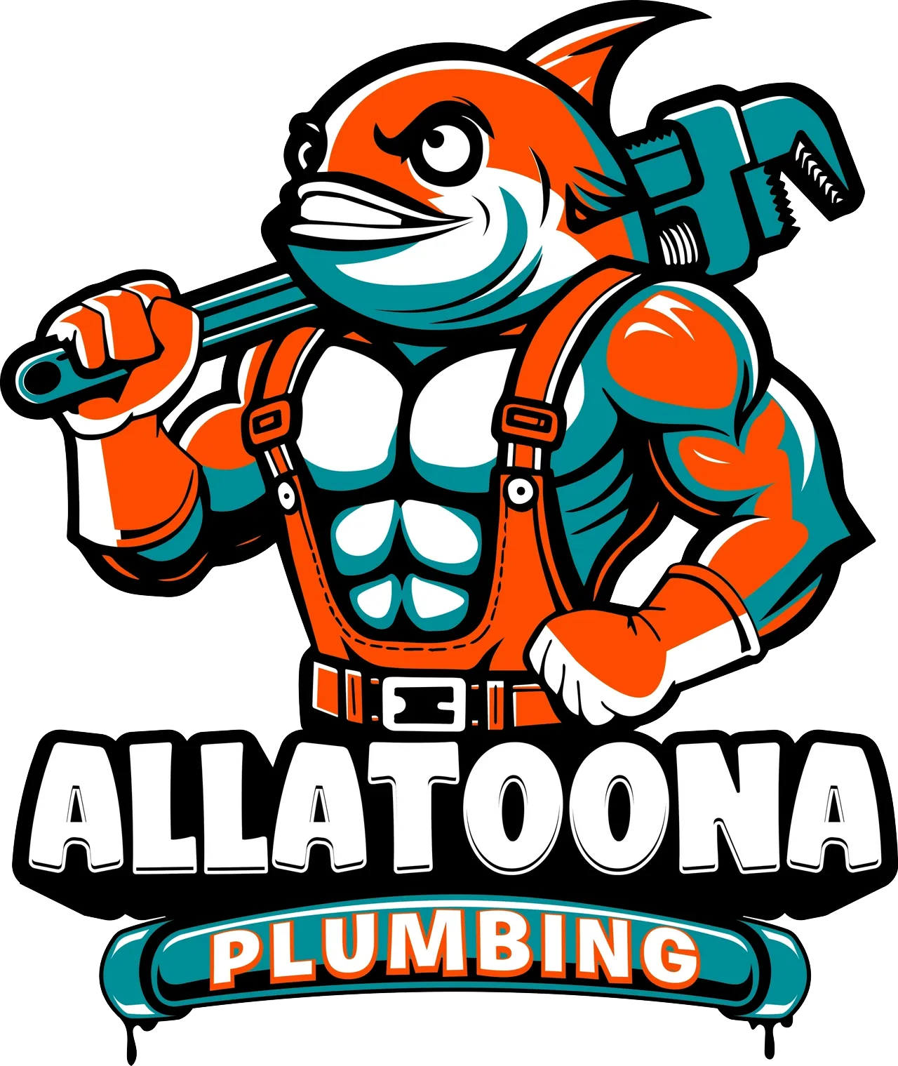 Strong fish-man holding a wrench; orange overalls; Allatoona Plumbing logo.