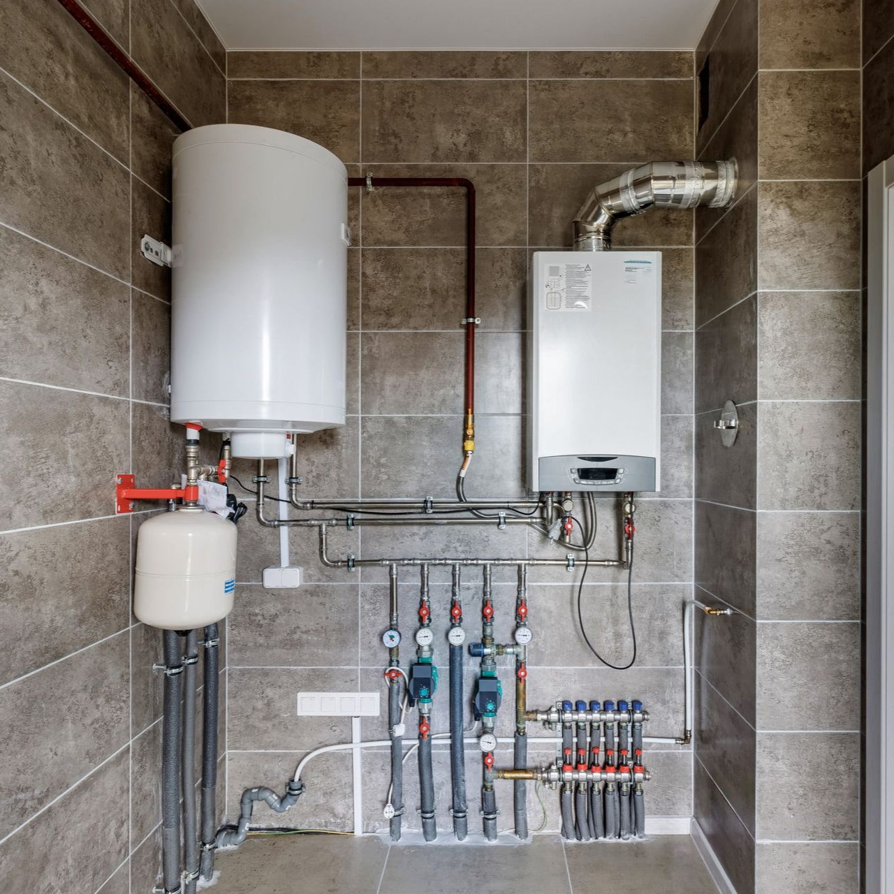 Plumbing system with a white boiler, water tank, pipes, and gauges against a tiled wall.