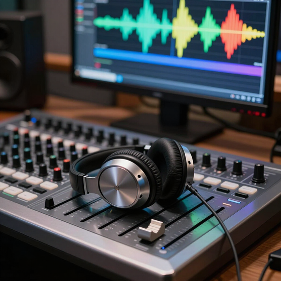 Hoofdtelefoon aangesloten op een audiomixer met een kleurrijke golfvormweergave op een studiomonitor.