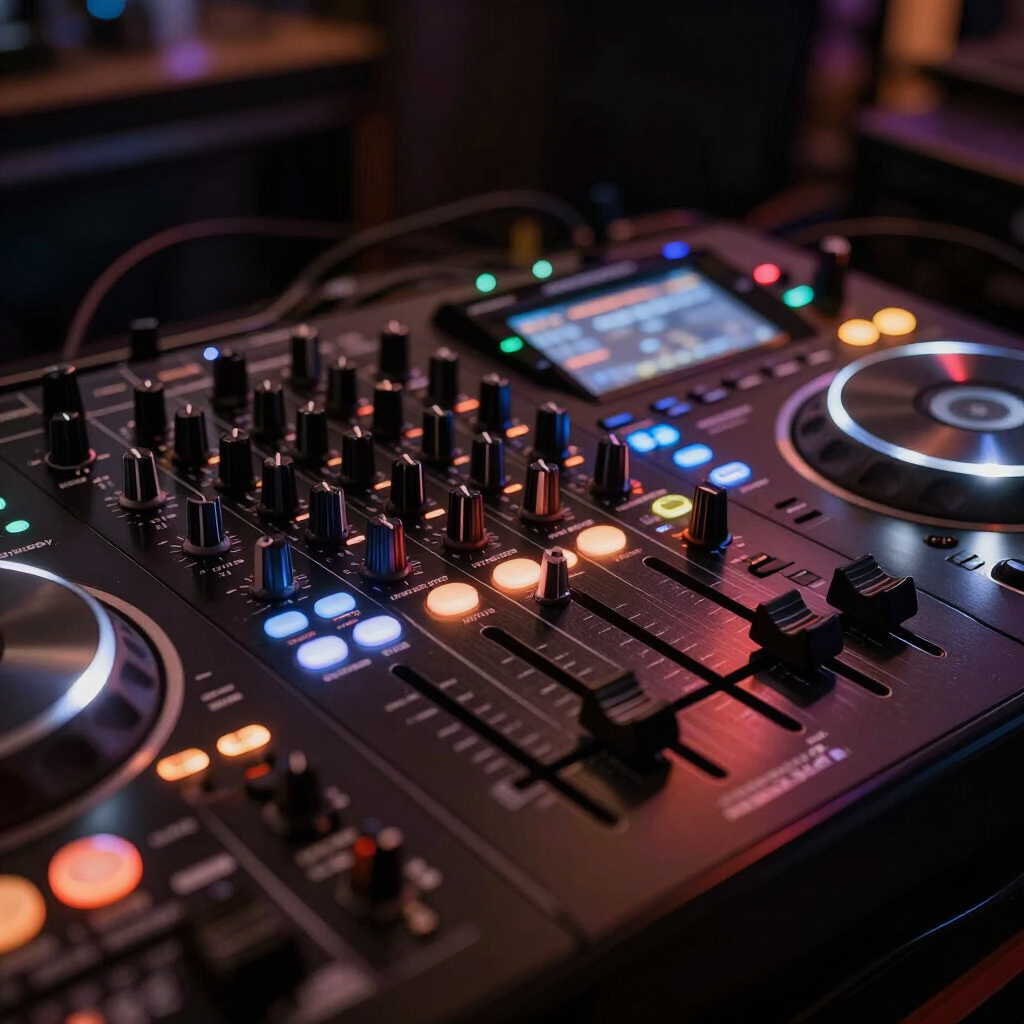 Close-up van een DJ-mixer met oplichtende knoppen, draaiknoppen en draaitafels in een schemerige nachtclubomgeving.