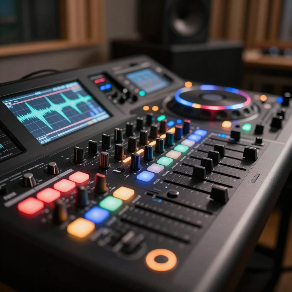 Close-up van een DJ-mixer met verlichte knoppen, draaiknoppen, schuifregelaars en golfvormweergave.