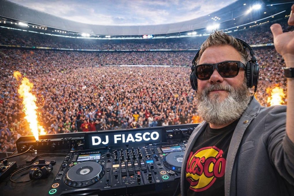 DJ Fiasco poseert achter de DJ-booth voor een volgepakt stadion, met vlammen die vlakbij omhoog schieten.