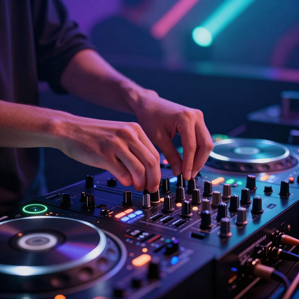 DJ's draaien aan knoppen op een mengpaneel onder paarsblauwe clubverlichting.
