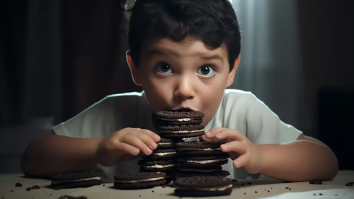 Niño comiendo una pila de galletas Oreo con los ojos muy abiertos, mirando directamente al espectador.