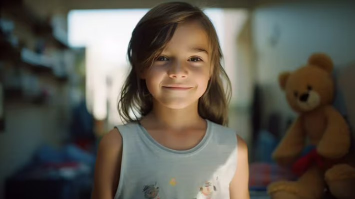 Niña sonriente en el interior, iluminada por la luz del día, con un osito de peluche en el fondo.