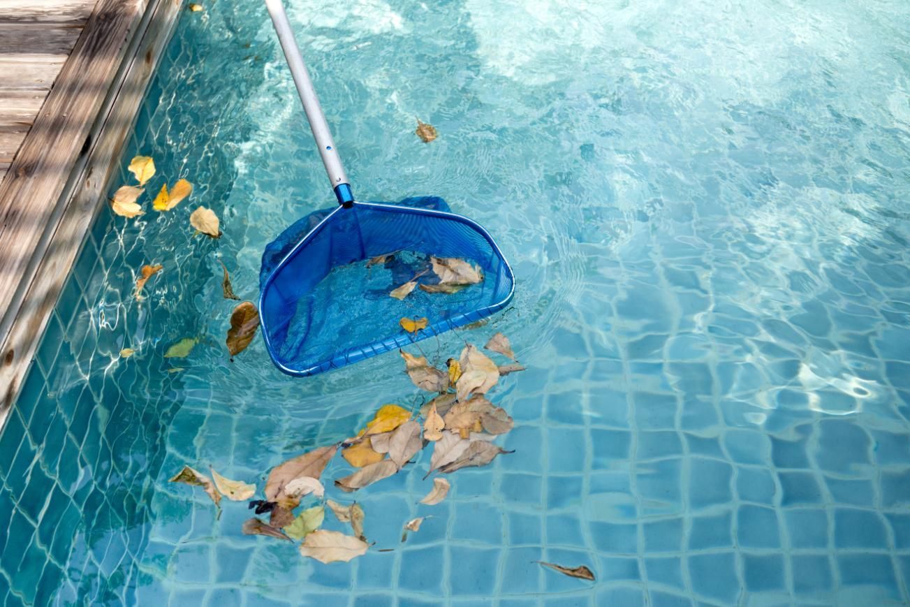 A Swimming Pool Is Being Cleaned With A Net And Leaves — Yamba Pools & Spas In Townsend, NSW