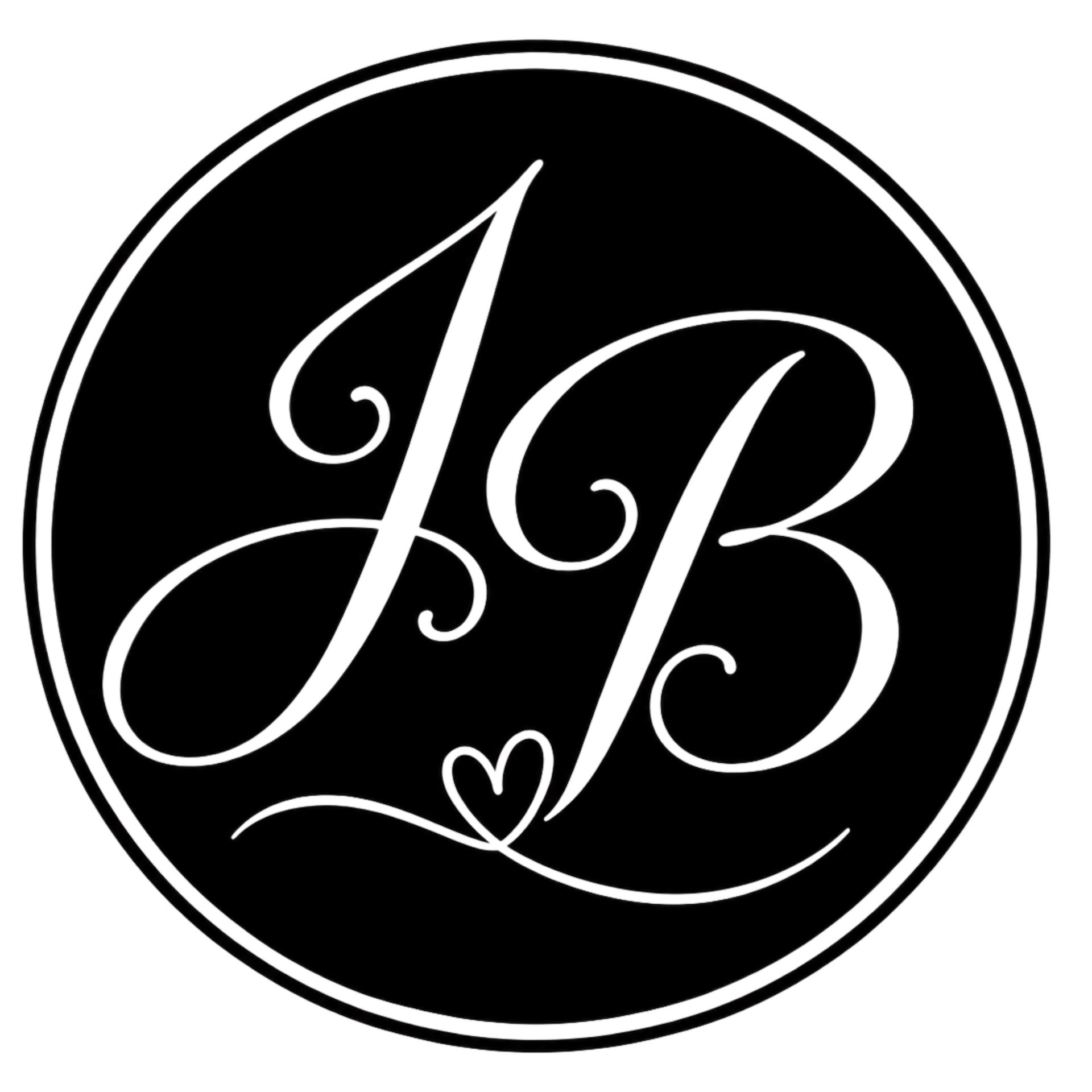White “JB” monogram with a small heart inside a black circle logo