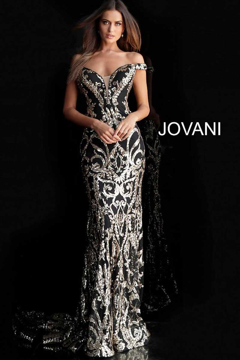 Woman in a silver-and-black beaded evening gown against a black background, with JOVANI text.