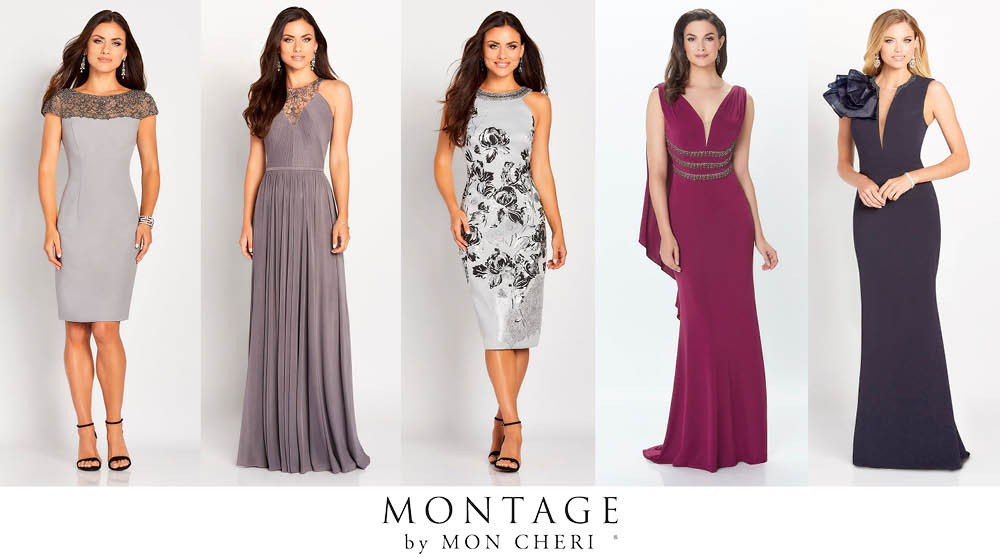 Five women modeling floor-length evening dresses in gray, lavender, white, burgundy, and navy.