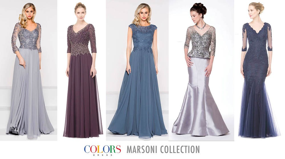 Six women modeling long formal gowns in silver, purple, blue, gray, and navy on a white background.