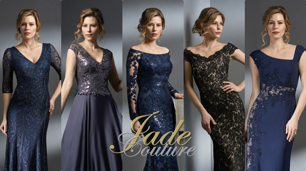 Five women modeling navy and black formal evening gowns with lace and sequins, Jade Couture logo overlaid