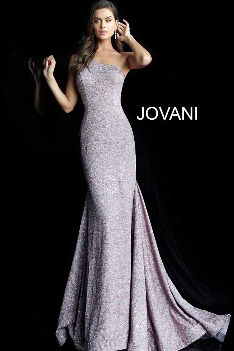 Jovani evening gown ad featuring a model in a shimmering lilac floor-length dress on a black background