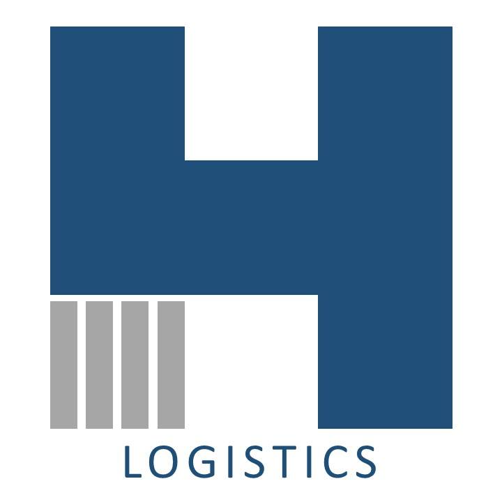 A blue letter H logo with four grey vertical bars at the bottom left, above the blue text LOGISTICS.