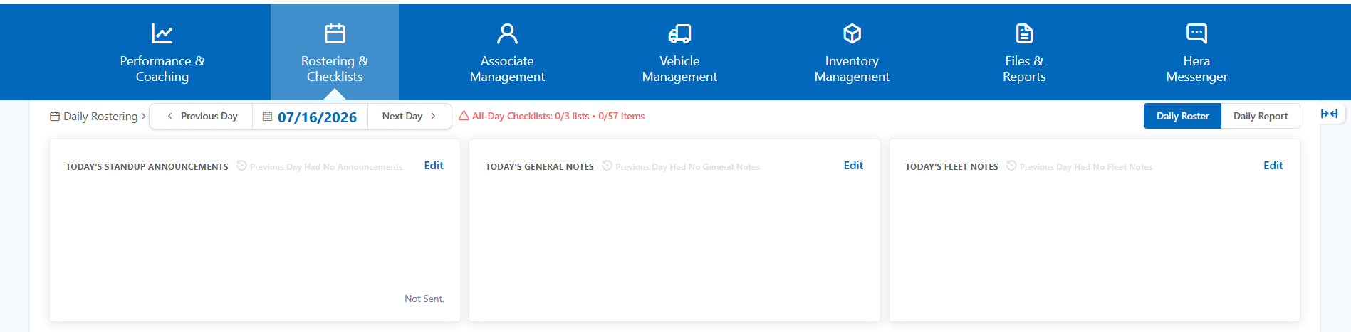 Hera software dashboard showing the Daily Planner tab with four task cards on a blue and white interface.