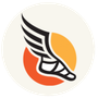 A logo featuring a black, winged sandal icon centered over a circular background of orange and yellow gradients.