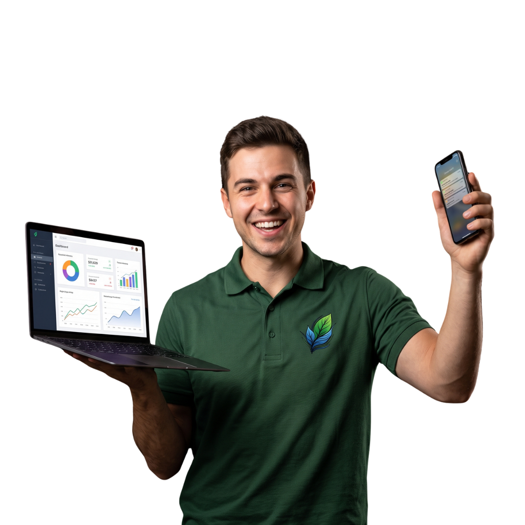 Business owner with a phone and laptop, getting more likes and enquiries