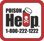 Poison Help logo: white square with red border; text 