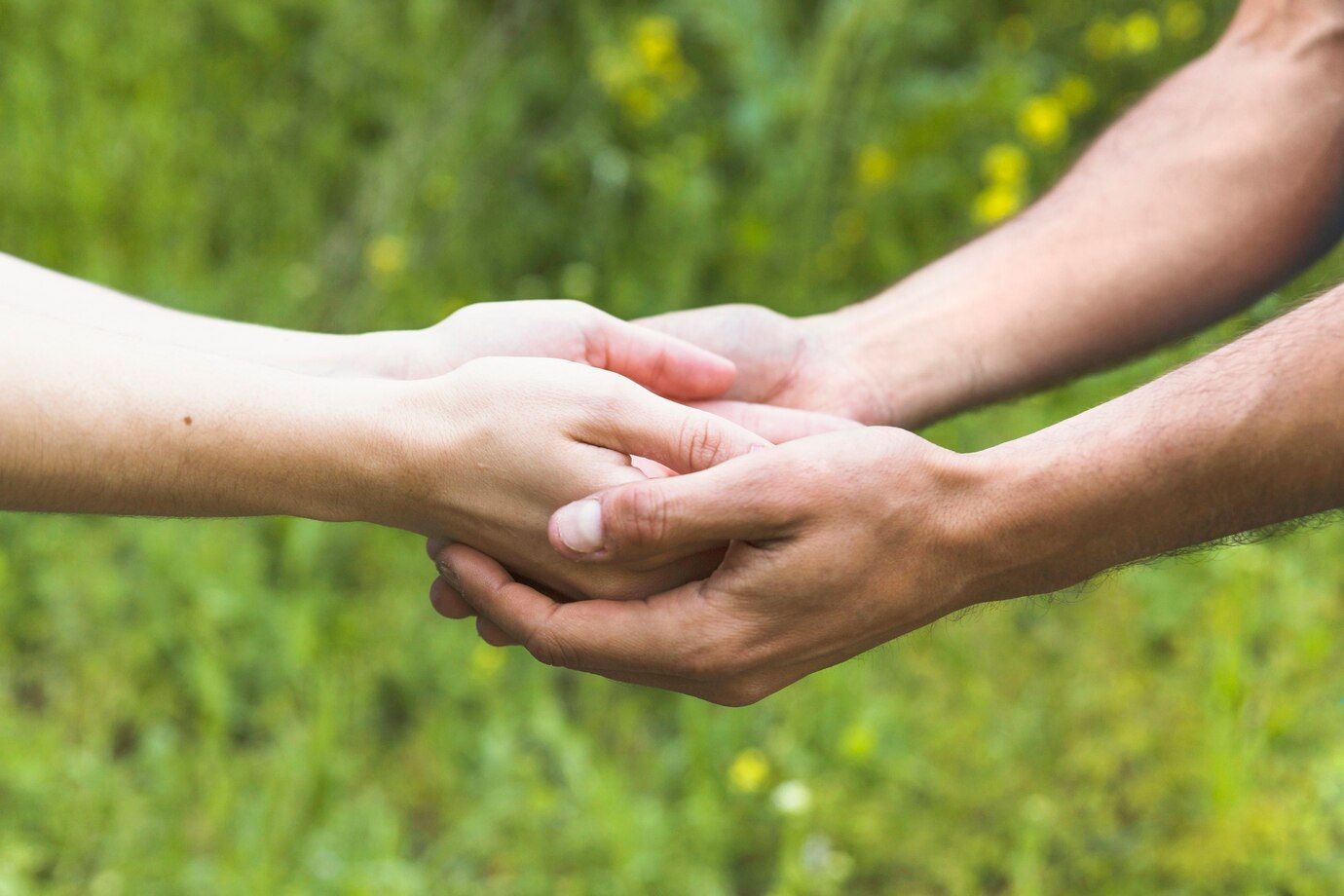 Two hands, light and dark, holding each other tenderly, against a blurred green background.
