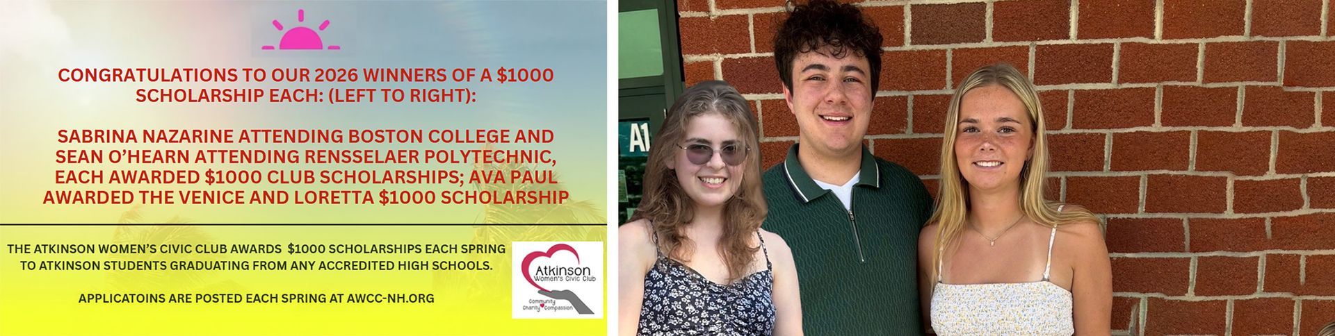 Congratulations announcement with photo of three students that won $1000 scholarships each.