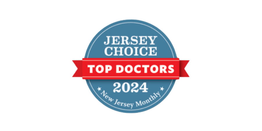 The logo for jersey choice top doctors 2024 is a blue circle with a red ribbon.