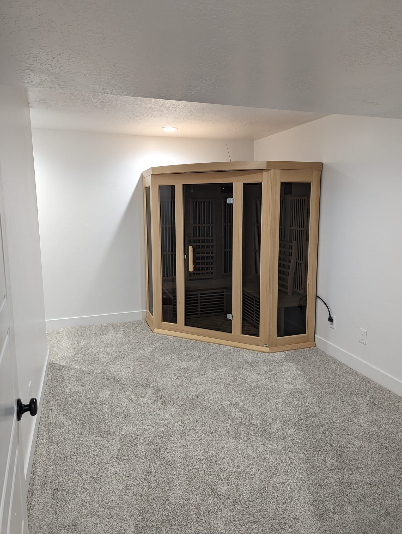 There is a sauna in the corner of the room.