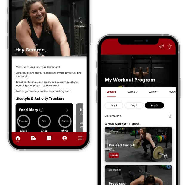 Two smartphone mockups side-by-side with blank screens featuring the text