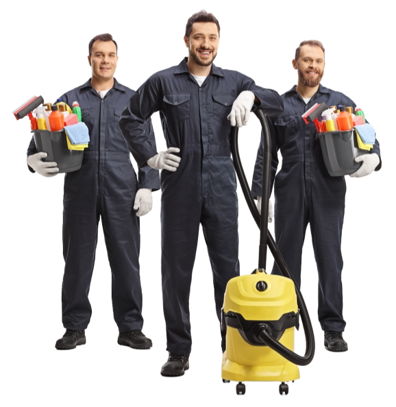 Three men in overalls are holding buckets of cleaning supplies and a vacuum cleaner.