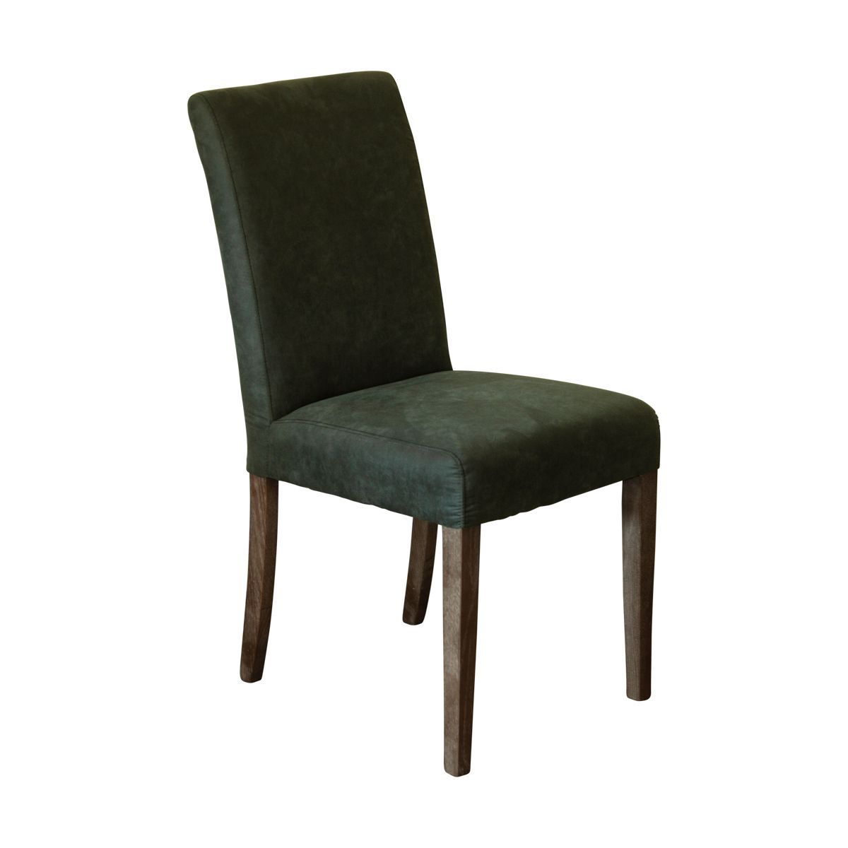 A dining chair with timber legs and navy coloured fabric on back and seat.