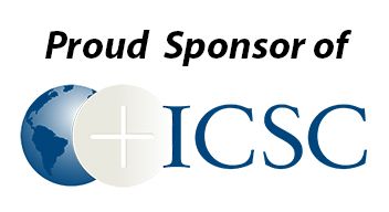 A proud sponsor of icsc logo with a globe and a cross.