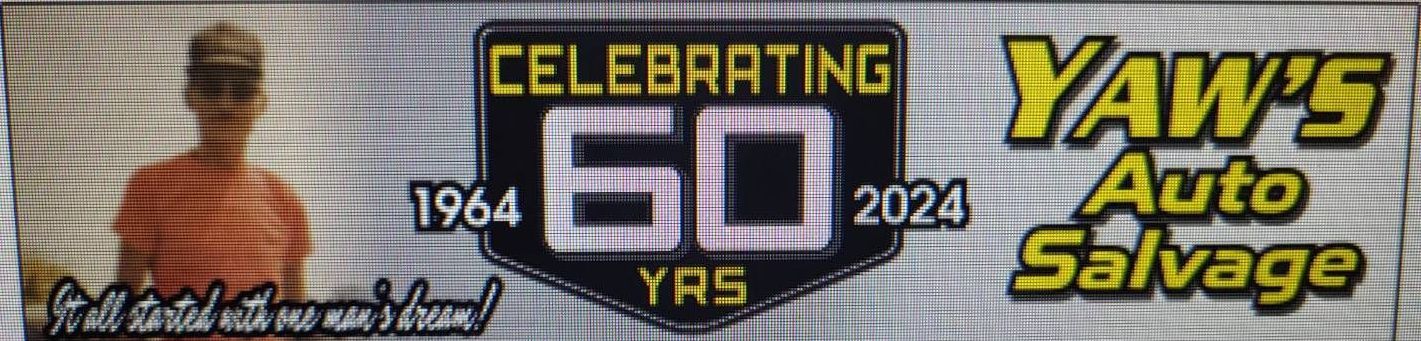 A sign for yaw 's auto salvage celebrating 60 years