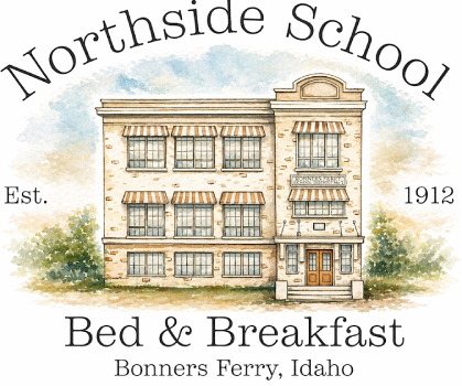 Northside School Bed & Breakfast logo with sketch of a building and Bonners Ferry, Idaho text