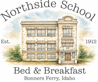 Northside School Bed & Breakfast logo with a vintage school building and “Bonners Ferry, Idaho” text