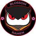 Blossom Ramen logo with a red-eyed masked face and pink flowers on a black circle
