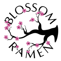 “BLOSSOM RAMEN” text around a black tree branch with pink cherry blossoms.
