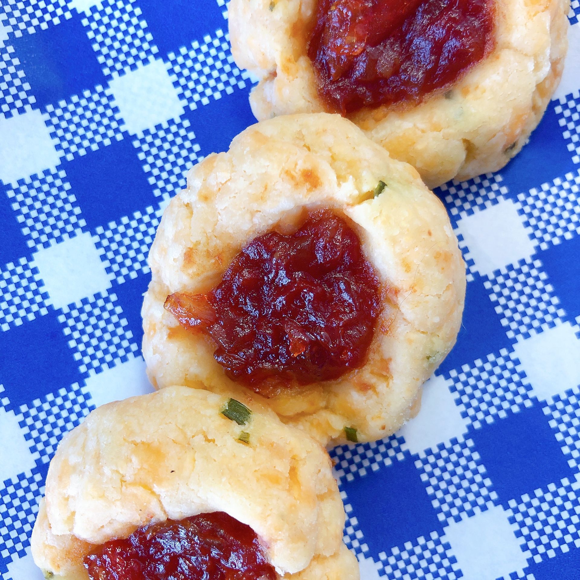 Cheddar and Chive Thumbprint Biscuits with Tomato and Vodka Jam