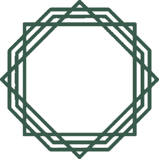 A green and white geometric frame on a white background.