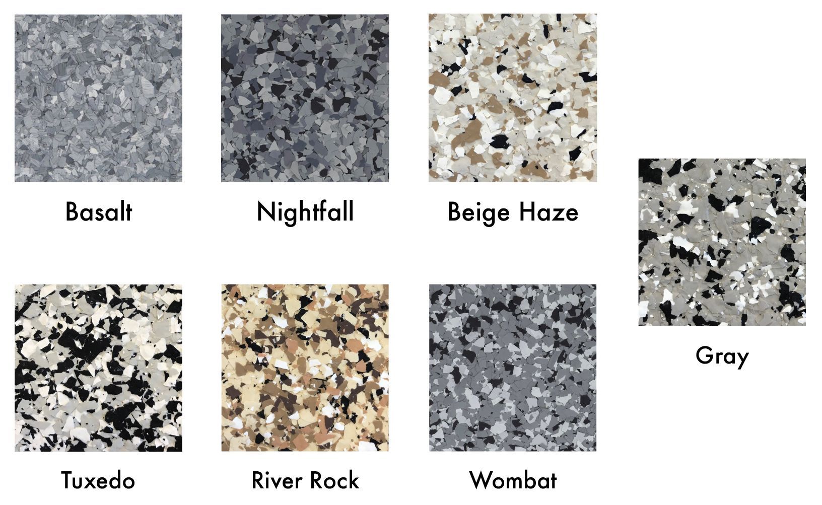Lake Havasu City, Arizona, Full Throttle Custom Spaces, Epoxy Flooring, color swatches, basalt, nightfall, beige haze, gray, tuxedo, river rock, wombat